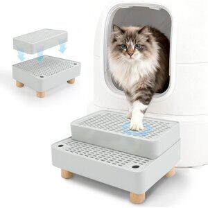 Elevated Cat Ramp for Litter Box, 2 Steps Cat Pedal Step Stool with Wooden Base,